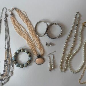 Cottagcore Jewelry Lot Faux Pearls, Vintage Style Bracelet, Earrings, Necklace